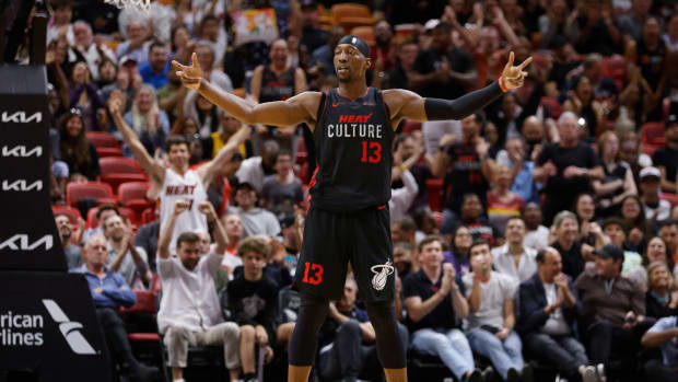Mar 5, 2024; Miami, Florida, USA; Miami Heat center Bam Adebayo (13) reacts against the Detroit Pistons during the second half at Kaseya Center.
